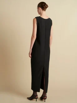 Cady V-Neck Draped Twist Belt Dress in Black