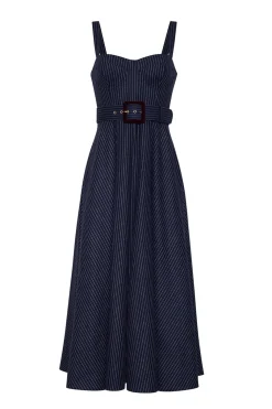 Calypso Dress in Navy Chalk Stripe
