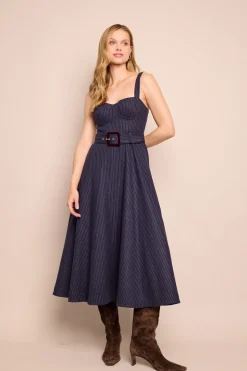 Calypso Dress in Navy Chalk Stripe