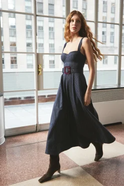 Calypso Dress in Navy Chalk Stripe