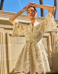 Carmen Lace Mini Dress in Ivory