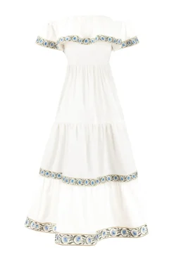 Carnation Ruffle Dress in Off-White & Blue