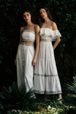 Carnation Ruffle Dress in Off-White & Blue