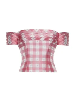 Casey Silk Gingham Off-Shoulder Crop Top