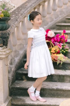 Cassis White Short Sleeve Smocked Dress