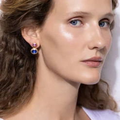 Catherine Oval 2-Drop Earrings in Rose/Indigo