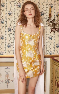 Celestia Yellow Floral Brocade Corset Mini Dress