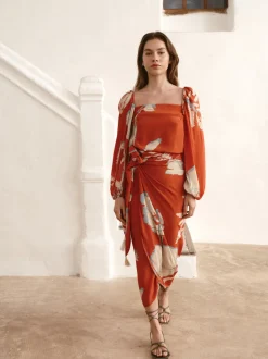 Celia Crepe Chine Blouse in Orange Gladiolos