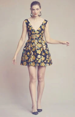 Celia Dress in Metallic Citrine Brocade