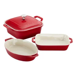 Ceramic 4-pc Baking Pans Set, Casserole Dish with Lid, Brownie Pan, Cherry
