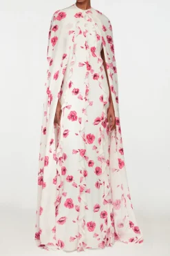 Clarette Cape In Pink Poppies Silk Crepe De Chine