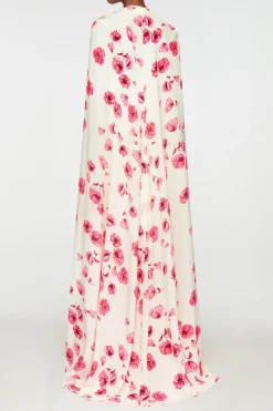 Clarette Cape In Pink Poppies Silk Crepe De Chine