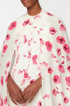 Clarette Cape In Pink Poppies Silk Crepe De Chine