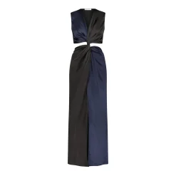 Colorblocked Satin Twist Dress in Black & Navy