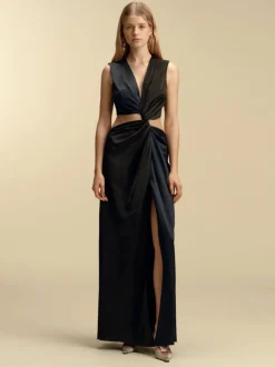 Colorblocked Satin Twist Dress in Black & Navy