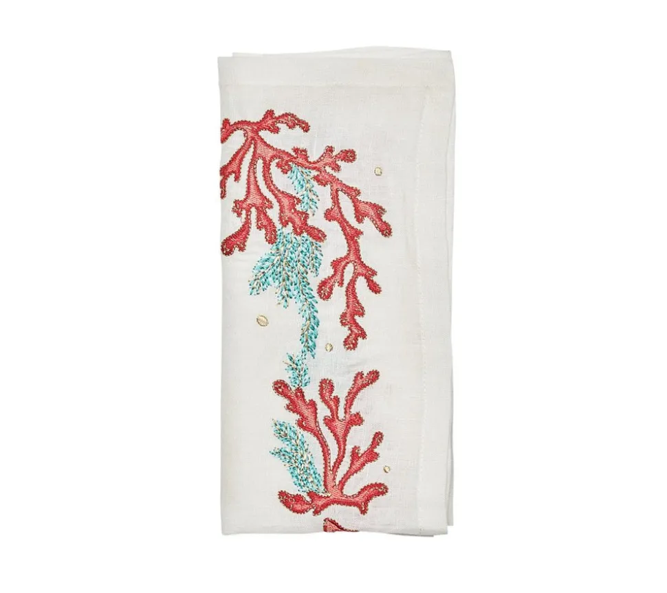 Coral Spray Napkin in White, Coral & Turquoise, Set of 4