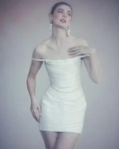 Cosette Dress in Ivory Silk Wool with Beaded Fringe