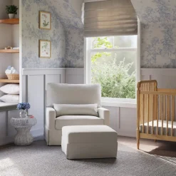 Crawford Pillowback Chair and a Half Comfort Swivel Glider in Fog Chatham Stripe Performance Eco-Weave