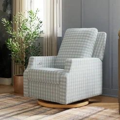 Crewe Electronic Recliner and Swivel Glider in Blue Gingham with Light Wood Base
