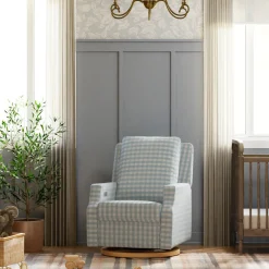 Crewe Electronic Recliner and Swivel Glider in Blue Gingham with Light Wood Base