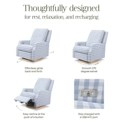 Crewe Electronic Recliner and Swivel Glider in Blue Gingham with Light Wood Base