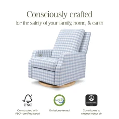 Crewe Electronic Recliner and Swivel Glider in Blue Gingham with Light Wood Base
