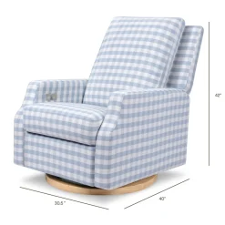 Crewe Electronic Recliner and Swivel Glider in Blue Gingham with Light Wood Base
