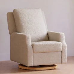 Crewe Electronic Recliner and Swivel Glider in Ivory Boucle with Light Wood Base