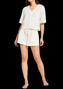 Crinkle Woven Short Sleeve Top/Short Set in Ivory/Canyon Sunset