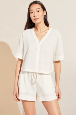 Crinkle Woven Short Sleeve Top/Short Set in Ivory/Canyon Sunset