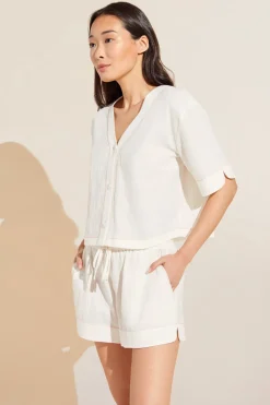 Crinkle Woven Short Sleeve Top/Short Set in Ivory/Canyon Sunset