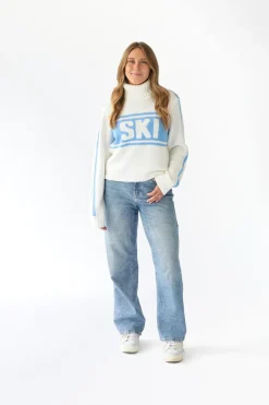 Cropped Vintage Ski Turtleneck Sweater in Ivory Blue