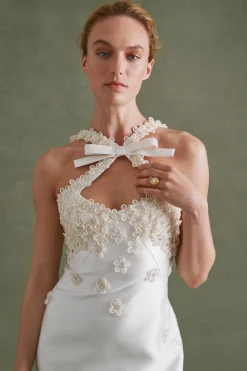 Delphine Dress in Ivory Silk Wool with Floral Appliqué