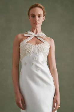 Delphine Dress in Ivory Silk Wool with Floral Appliqué