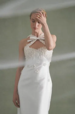 Delphine Dress in Ivory Silk Wool with Floral Appliqué