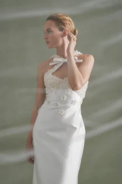 Delphine Dress in Ivory Silk Wool with Floral Appliqué