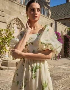 Delphine Midi Dress in Ivory & Green