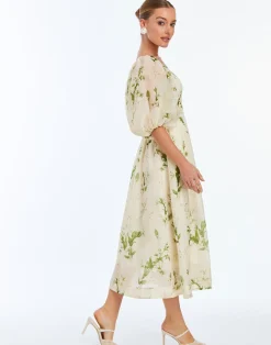 Delphine Midi Dress in Ivory & Green