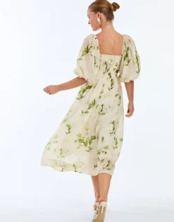 Delphine Midi Dress in Ivory & Green