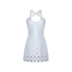 Devi Dress in Ice Blue Silk Wool with Crystal Clusters