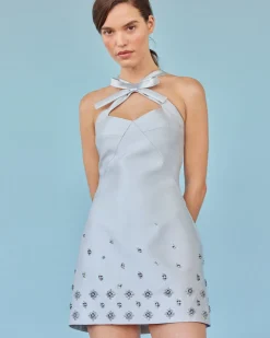 Devi Dress in Ice Blue Silk Wool with Crystal Clusters