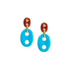 Diamond & Stone Mariner Link Earrings in Turquoise & Carnelian