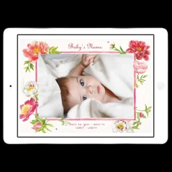 Digital Peonies Birth Announcement with Photo