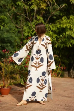 Doha Caftan in Khaki & Navy Flower