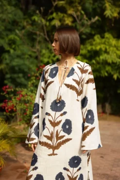 Doha Caftan in Khaki & Navy Flower