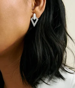 Double Diamond Stud Earrings in White Enamel