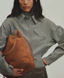 Drawstring Cabas in Saddle Suede