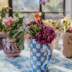 Drink Me Jug & Vase In Blue Checkerboard