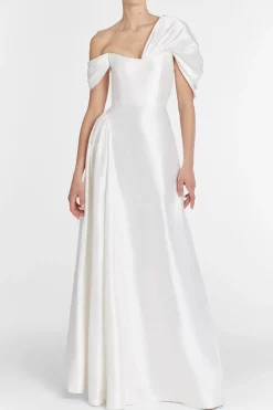 Edith White Silk Asymmetric Drape Shoulder Gown