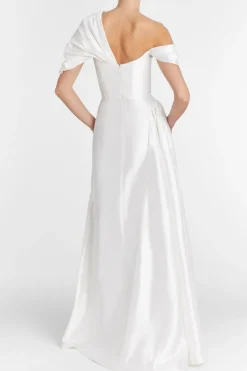 Edith White Silk Asymmetric Drape Shoulder Gown